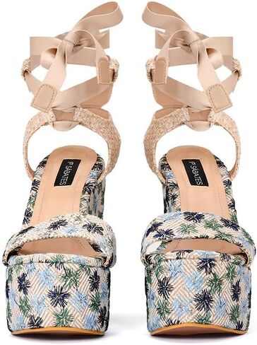 Alondra embroidered platform sandal for women with lace-up front closure. Colors: Floral Pink, Floral Blue and Natural (Natural, 7) in Saudi Arabia