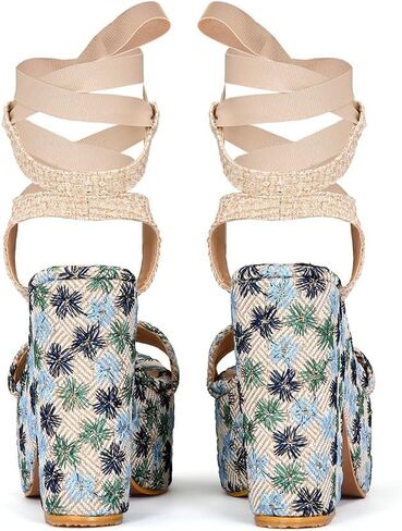 Alondra embroidered platform sandal for women with lace-up front closure. Colors: Floral Pink, Floral Blue and Natural (Natural, 7) in Saudi Arabia