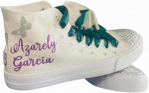 Quinceanera Sneakers - 15 Birthday personalized Shoes with butterflies and Gems - Zapatillas de 15 Green and Lilac Customized Shoes - Dancing 15th Party (9) in Saudi Arabia