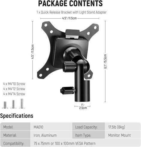 NEEWER VESA Monitor Mount Adapter with Arca Type Quick Release, 360° Rotatable Ball Head, M4 Screw & 5/8" Receiver Light Stand Adapter for TV Screen, Field Monitor, C Stand, Max Load: 44lb/20kg, MA016 in Saudi Arabia