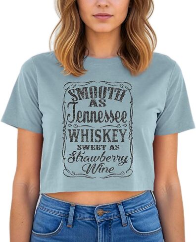 SMOOTH AS TENNESSEE WHISKEY SWEET AS STRAWBERRY WINE - Denim Blue Crop Top - Women's Shirt Summer Shirt Cute Graphic Shirt - Summer Vibes (M) in Saudi Arabia