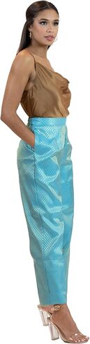 سروال ديسكو مدبب أزرق مع جيب جانبي وسحاب مخفي - بنطلون مطوي كوكتيل أو ساتان ساتان غير رسمي للراحة والراحة ذات المظهر الفاخر - عالي الخصر للنساء in Kuwait