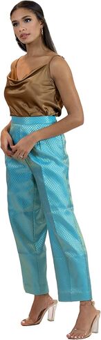 سروال ديسكو مدبب أزرق مع جيب جانبي وسحاب مخفي - بنطلون مطوي كوكتيل أو ساتان ساتان غير رسمي للراحة والراحة ذات المظهر الفاخر - عالي الخصر للنساء in Kuwait