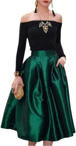 Modern Women Handmade Emerald Green Taffeta Midi Pleated Skirt with One Pocket Any Wear Special Gift For Her in Kuwait