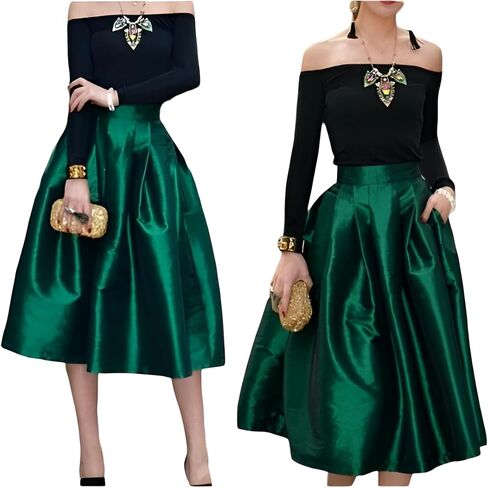 Modern Women Handmade Emerald Green Taffeta Midi Pleated Skirt with One Pocket Any Wear Special Gift For Her in Kuwait