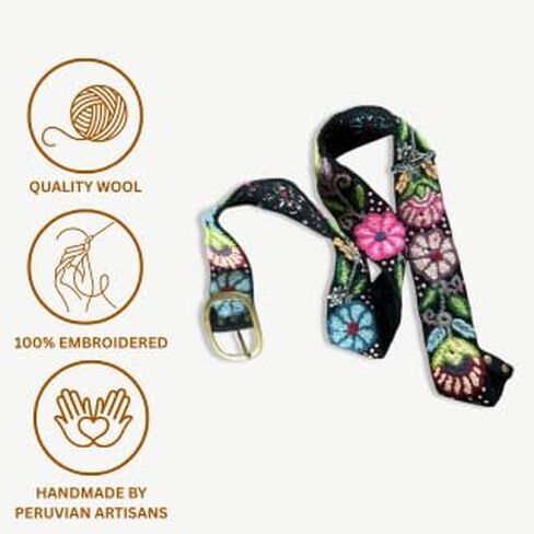 Peruvian Embroidered Flower Belts, Handmade, Colorful - Floral Belt (Black) in Saudi Arabia