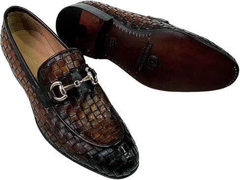 Mens Burnished Brown Chequeboard Woven Italian Leather Handmade Luxury Loafer Shoe (10, Loafer, Brown) in Saudi Arabia