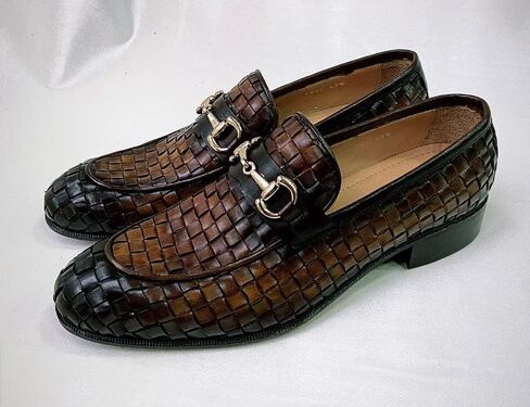 Mens Burnished Brown Chequeboard Woven Italian Leather Handmade Luxury Loafer Shoe (10, Loafer, Brown) in Saudi Arabia