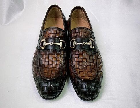 Mens Burnished Brown Chequeboard Woven Italian Leather Handmade Luxury Loafer Shoe (10, Loafer, Brown) in Saudi Arabia