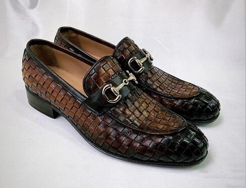 Mens Burnished Brown Chequeboard Woven Italian Leather Handmade Luxury Loafer Shoe (10, Loafer, Brown) in Saudi Arabia