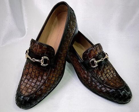 Mens Burnished Brown Chequeboard Woven Italian Leather Handmade Luxury Loafer Shoe (10, Loafer, Brown) in Saudi Arabia
