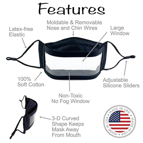 قناع الوجه النافذة السوداء الصافية/قابلة لإعادة الاستخدام/القطن/غير سامة/أمريكية مصنوعة/خالية من اللاتكس/لا PVC أو BPA/لا فثاليت/قابلة للغسل/قابلة للتنفس/للجنسين/انظر من خلال قناع شفاف/كبير (بالغ) in Kuwait