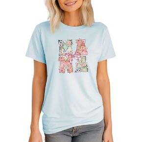 Floral MAMA Graphic T-Shirt – Vintage Boho Mother's Day Gift, Cute Mom Shirt with Rustic Flower Design & Bow (Ice Blue, Medium)