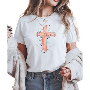 He Lives Christian Easter T-Shirt – Watercolor Cross Faith Graphic Tee for Women – Religious Spring Outfit (White, Medium)
