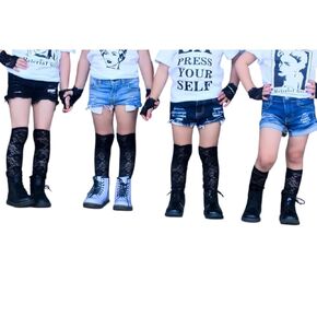 Girls Black Lace Stretch Knee socks for baby toddler girls by shoe size (7/8 toddler)
