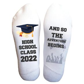 High School Funky Fun Socks With Sayings: Handcrafted Novelty Delights for All Ages, Versatile Sizing for Sizes 6-14, Exceptional Comfort & Durability, Graduation Themed Collection