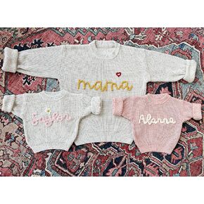 Baby Name Sweater, Personalized 100% Cotton Sweaters for Newborn Babies and Toddlers, Hand Embroidered Big Sis Big Bro Sweatshirt (Sweater Color/Size: Oat/Adult L)