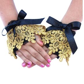 Girl's Black Lace Gloves with Gold Lace Cuffs Wedding Flower Girl Halloween Costume (Large)