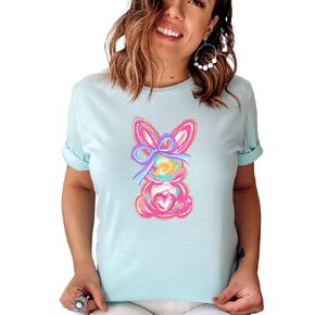 Pastel Bunny Easter Graphic Tee – Cute Spring T-Shirt with Bow & Heart Accents (White, Medium)