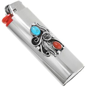 Navajo Turquoise Coral Lighter Case Cover Sterling Nature Inspired Details on Silver Housing 0018
