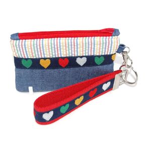 Coin Purse with Rainbow Stripes and Hearts, Small Zipper Pouch with Optional Wristlet Keychain, Red and Navy