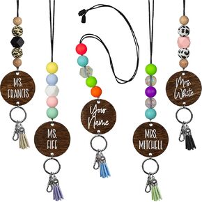 By the Graces Handmade Personalized Teacher Lanyard for Name Badges and Keys | Durable Beaded Lanyard with Breakaway Clasp | Scratch Resistant Custom Birch Wood Disc Name Tag | Cute Lanyard