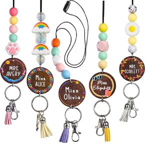 Handmade Teacher Lanyard | Stylish Silicone Beaded Design with Breakaway Clasp | Personalized Name Tag with Black Wood Disc for ID Badges and Keys