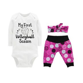 My First Season Volleyball Pink Girl Baby Heart Outfit, Personalized, Preemie to 24 Months, Pink Volleyball - Pants, Headband, and Bodysuit (Long Sleeve Bodysuit Only, 0-3M (3M))