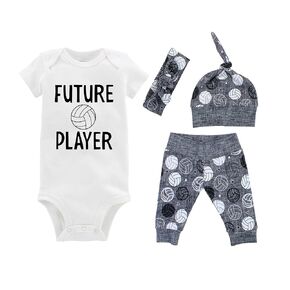 Future Player Baby Outfit Just Joined the Team, Personalized, Preemie to 24 Months, Gray Volleyball - Hat, Pants, Headband, and Bodysuit (Short Sleeve Bodysuit Only, 3-6M (6M))