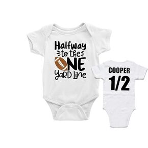 Football Half Birthday Bodysuit Baby Boy 1/2 Bday Outfit Boys Personalized Halfway To The One Yard Line
