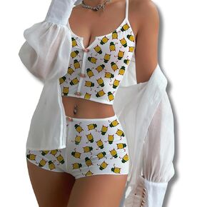 2 PCS Pineapple Swingers Women's Pajama Sets Short Sleeve V Neck Pajama Tops with Sleep Shorts (M)