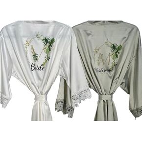 Greenery Wedding Silky Lace Kimono Robes for Bridesmaids and Brides Wedding Getting Ready Short Robe