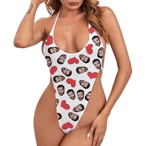 Backless Halter Teddy Bodysuit Custom Photo, Bodysuit Escotado Espalda Personalizado con Foto (JUST FACE, M)