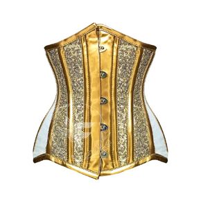 Gold & White Sequin Embroidered Faux Leather Underbust Corset - Hourglass Figure, Back Support, Party Wear (24" (For 28-29 inch Natural Waist))
