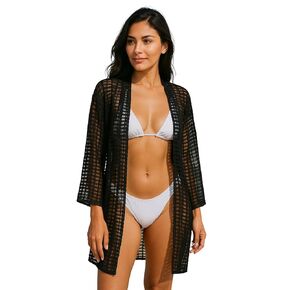 Black Mesh Kimono Cardigan for Women – Sheer Cover Up for Beach or Urban Style – Lightweight Open Front Layer – Made in USA