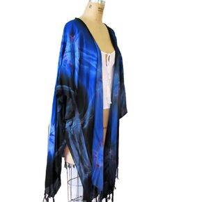 Women's Tie Dye Beach Cover Up Kimono Jacket High Low Hem Weekend Wear Blue Multi