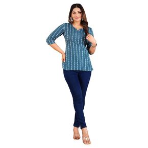 Women Striped Cotton Blend Straight Casual KurtI Top For Women's (L, Navy Blue)