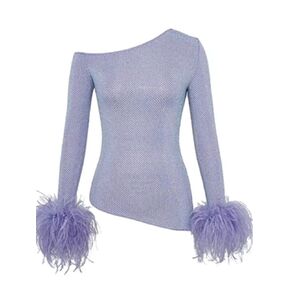 CE-11 Women's Shiny See-Through Top With Real Ostrich Feather Cuffs And Long Sleeves Rhinestone Crystal Cuffed Mesh Top Sexy Short Dress For Woman Asymmetry Shirt (3XL, Purple)