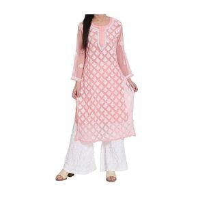 Beautiful Peach Colour Lucknowi Chikankari Kurtis For Women, Women's Chikankari Faux Georgette Straight Kurta with Matching Slip (M)