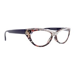 The Lynx, Cat Eye Full Top Women Bling Reading Glasses Adorned w Clear Genuine European Crystals, Red Black Brown Tortoise Frame. NY Fifth Avenue.