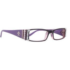 The French, Fleur De Lis, Rectangular Bling Women Reading Glasses Adorned with Amethyst + AB (Aurora Borealis) Genuine European Crystals, Amethyst Purple. NY Fifth Avenue.