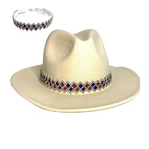 Beaded Hatband with Adjustable Elastic, Red, White and Blue and Crystal Diamond Pattern Hat Band, Western Hat Jewelry, Fedora Hatband, Decorative Band for Sunhats