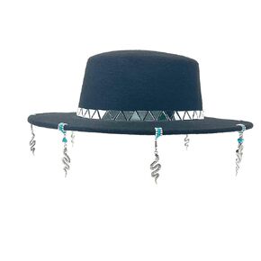Felt Fedora Hat for Women - Wide Brimmed - Handmade Custom Design with a Beaded Brim - Silver Turquoise - Snake - Mirror Mosaic - Black Fall Hat - Festival Fashion in Saudi Arabia