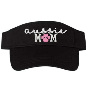 Women's Aussie Dog Mom or Mama Black Visor, Cute Embroidered Australian Shepherd Sewn Paw Print Clothing Gift Present, Sun Hat Owner Wife Friend Sister Birthday Dog Park Paw Print, Custom Personalized