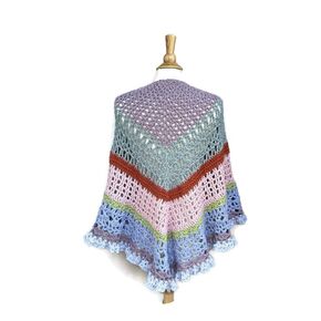 Striped Shawl Wrap with Ruffle, Hand Crochet, Triangle Shawl, Love Prayer Comfort, Bold Ruffled Wrap, Wool Blend