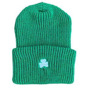 Irish Kelly Green with White Shamrock Embroidered Knit Hat Made in USA