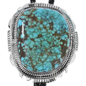 Large Navajo Number 8 Turquoise Sterling Bolo Tie High Grade Nevada Stone on Genuine Leather