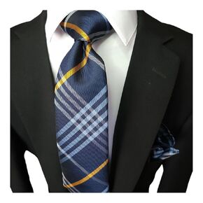 Handmade Necktie Set with Pocket Square & Cufflinks - Men's Formal Accessories for Wedding, Groom, Business, and Gift (Navy Blue White)