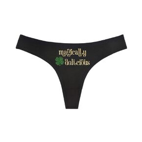 Magically Delicious Shamrock Panties - Black Thong - St Patrick's Day Humorous Panties Humorous Thong Naughty Sexy Kinky Underwear Funny Holiday Thong Panties Lingerie Underwear Leprechaun (Green & Gold Glitter, M)