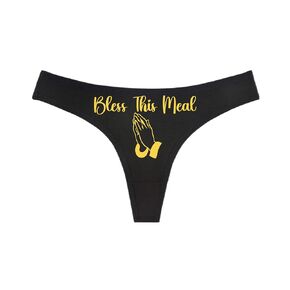BLESS THIS MEAL - Praying Hands - Black Thong - Choose Your Text Color - Swingers Threesome Cuckold Hot Wife Humorous Panties (L, White Glitter)